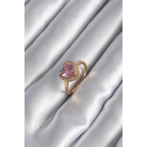 Pirinç Gold Renk Pembe Zirkon Taş Kalp Charm Model Kadın Yüzük
