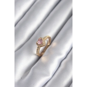 Pirinç Gold Renk Pembe Zirkon Taş Kalp Charm Model Kadın Yüzük
