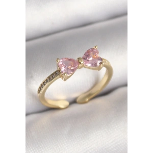 Pirinç Gold Renk Pembe Zirkon Taşlı Kalp Fiyonk Model Kadın Yüzük