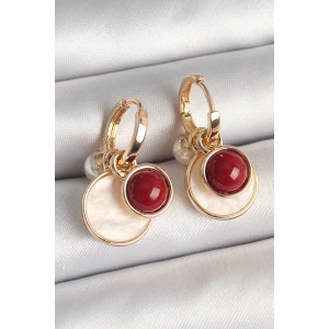 Pirinç Gold Renk Sallantı Beyaz Mineli Bordo Detay Kadın Küpe