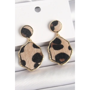 Pirinç Gold Renk Sallantı Leopar Desen Plaka Model Kadın Küpe