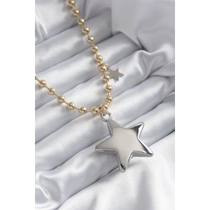Pirinç Gold Renk Topçuk Zincir Gümüş 3D Yıldız Model Yıldız Detay VİP Kadın Kolye
