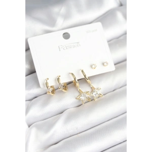 Pirinç Gold Renk Yıldız Model 925 Gümüş Çivili Kadın Küpe Seti