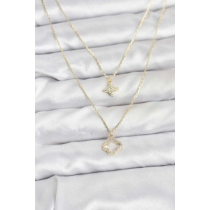 Pirinç Gold Renk Yonca Model 2li Kadın Kolye