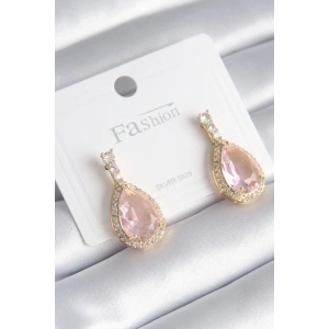 Pirinç Gold Renk Zirkon Taş Detay Damla Pembe Zirkon Taş Model Kadın Küpe