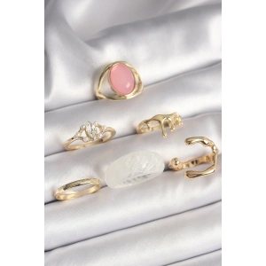 Pirinç Gold Renk Zirkon Taş Detaylı Pembe Mineli 6Lı Kadın Yüzük Seti