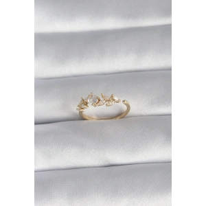 Pirinç Gold Renk Zirkon Taşlı Çiçek Model Kadın Yüzük