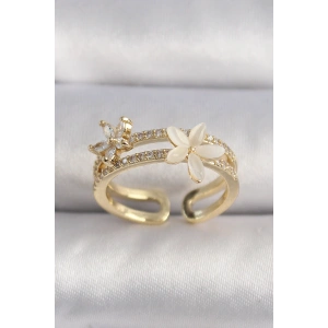 Pirinç Gold Renk Zirkon Taşlı Çiçek Model VIP Seri Kadın Yüzük