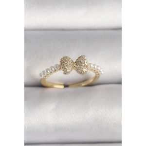 Pirinç Gold Renk Zirkon Taşlı Fiyonk İnci Detay Ayarlanabilir Yüzük