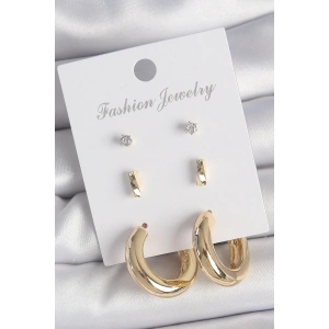 Pirinç Gold Renk Zirkon Taşlı Halka Model 3 Çift Kadın Küpe Seti