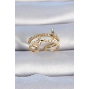 Pirinç Gold Renk Zirkon Taşlı İnci Detay Kutup Yıldızı Model Kadın Yüzük