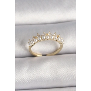 Pirinç Gold Renk Zirkon Taşlı İncili Taç Model Ayarlanabilir Kadın Yüzük