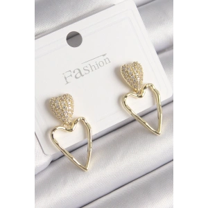 Pirinç Gold Renk Zirkon Taşlı Kalp Model Kadın Küpe