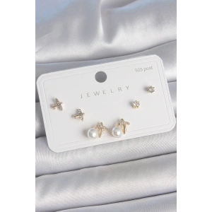 Pirinç Gold Renk Zirkon Taşlı Kelebek Model İnci Detay 925 Ayar Gümüş Çivi Kadın Küpe Seti