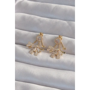 Pirinç Gold Renk Zirkon Taşlı Yassı Fiyonk Model Küpe