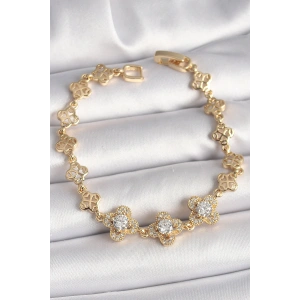 Pirinç Gold Renk Zirkon Taşlı Yonca Model Kadın Bileklik
