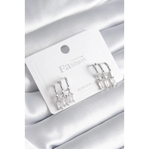 Pirinç Gümüş Renk 3lü Sallantı Zirkon Taşlı Küpe