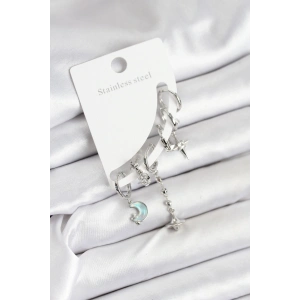 Pirinç Gümüş Renk Ay Model Kadın Set Küpe