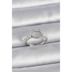 Pirinç Gümüş Renk Ayarlanabilir Beyaz Mineli Kedi Model İnci Detay Kadın Yüzük