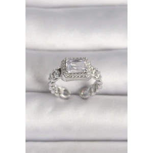 Pirinç Gümüş Renk Ayarlanabilir Zincir Kare Zirkon Taşlı Kadın Yüzük