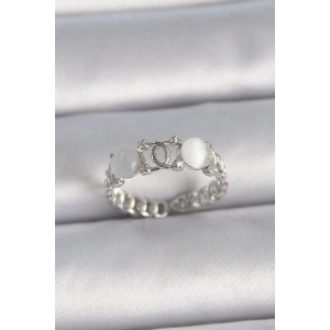 Pirinç Gümüş Renk Ayarlanabilir Zirkon Taşlı Beyaz Mineli Birleşik Halka Model Kadın Yüzük