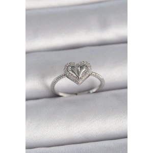 Pirinç Gümüş Renk Ayarlanabilir Zirkon Taşlı Kalp Model Kadın Yüzük