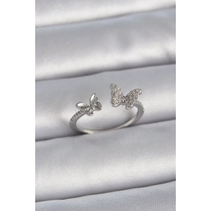 Pirinç Gümüş Renk Ayarlanabilir Zirkon Taşlı Kelebek Model Kadın Yüzük