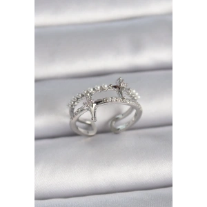 Pirinç Gümüş Renk Ayarlanabilir Zirkon Taşlı Kutup Yıldız İnci Detay Kadın Yüzük