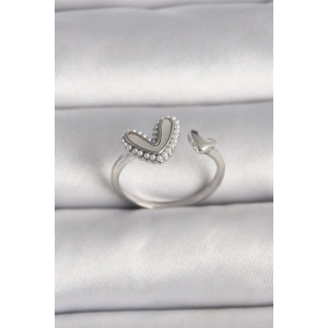 Pirinç Gümüş Renk Beyaz Mineli İnci Detaylı Kalp Model Ayarlanabilir Yüzük