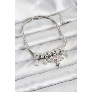 Pirinç Gümüş Renk Kanatlı Charmlı Kadın Bileklik