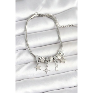 Pirinç Gümüş Renk Kutup Yıldızı Charmlı Kadın Bileklik