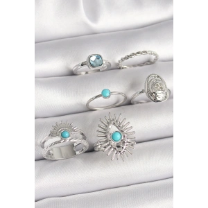 Pirinç Gümüş Renk Mavi Taşlı Kare Zirkon Taş Detaylı Kadın Yüzük Kombini