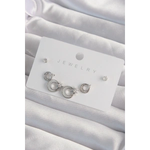 Pirinç Gümüş Renk Mineli Zirkon Taşlı Ay Yıldız Model Küpe Seti