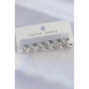 Pirinç Gümüş Renk Minimal Tırtıklı Küpe Seti