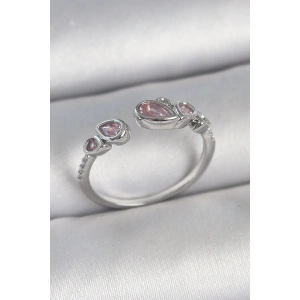 Pirinç Gümüş Renk Pembe Damla Zirkon Taşlı Ayarlanabilir Model Kadın Yüzük