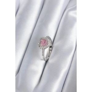 Pirinç Gümüş Renk Pembe Zirkon Taş Kalp Charm Model Kadın Yüzük