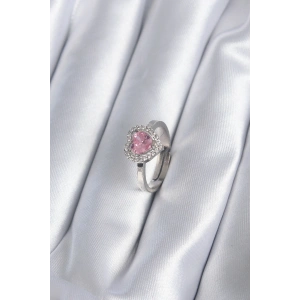Pirinç Gümüş Renk Pembe Zirkon Taşlı Charm Model Kadın Yüzük