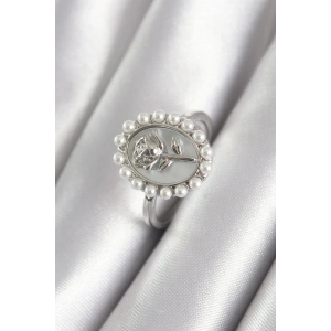 Pirinç Gümüş Renk Portre Gül Model İnci Detay Kadın Yüzük