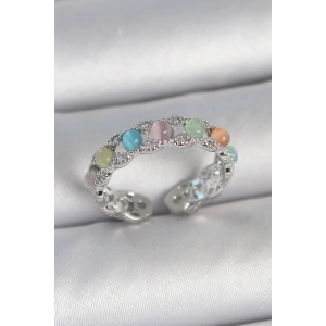 Pirinç Gümüş Renk Renkli Mineli Ayarlanabilir Kadın Yüzük