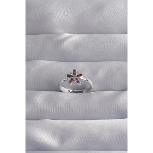 Pirinç Gümüş Renk Renkli Zirkon Taşlı Ayarlamalı Yüzük