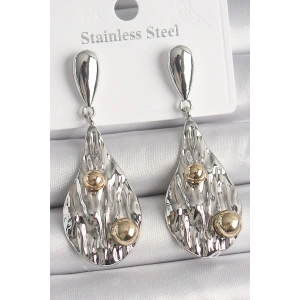 Pirinç Gümüş Renk Sallantı Damla Model Gold Topçuk Detay Kadın Küpe