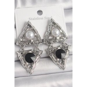 Pirinç Gümüş Renk Sallantı Üçgen Model İnci Detay Kadın Küpe