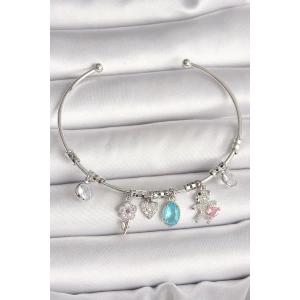 Pirinç Gümüş Renk Sallantı Zirkon Taşlı Ayıcık Figür Çiçek Detay Charm Kadın Bileklik