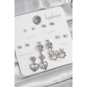 Pirinç Gümüş Renk Sallantı Zirkon Taşlı Kalp Model Düğüm Detay 7 Çift Kadın Küpe Seti