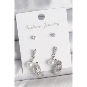 Pirinç Gümüş Renk Sallantılı Zirkon Taşlı Damla Model 3 Çift Kadın Küpe Seti