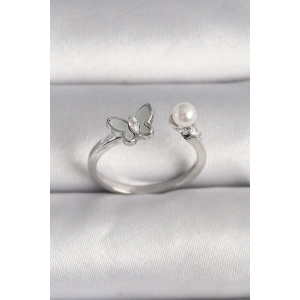 Pirinç Gümüş Renk Zirkon Taş Detaylı Beyaz Mineli Kelebek Figür İnci Detay Ayarlanabilir Yüzük