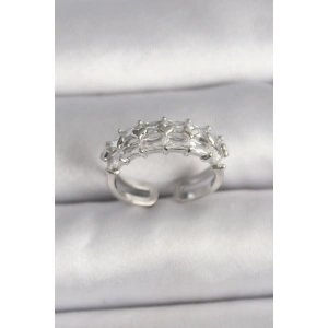 Pirinç Gümüş Renk Zirkon Taşlı Ayarlanabilir Yüzük