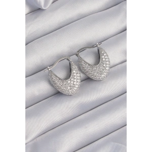 Pirinç Gümüş Renk Zirkon Taşlı Badem Model Küpe