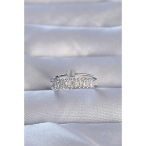 Pirinç Gümüş Renk Zirkon Taşlı Baget Su Yolu Model Ayarlanabilir Yüzük