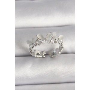 Pirinç Gümüş Renk Zirkon Taşlı Beyaz Mineli Kelebek Model Ayarlanabilir Yüzük